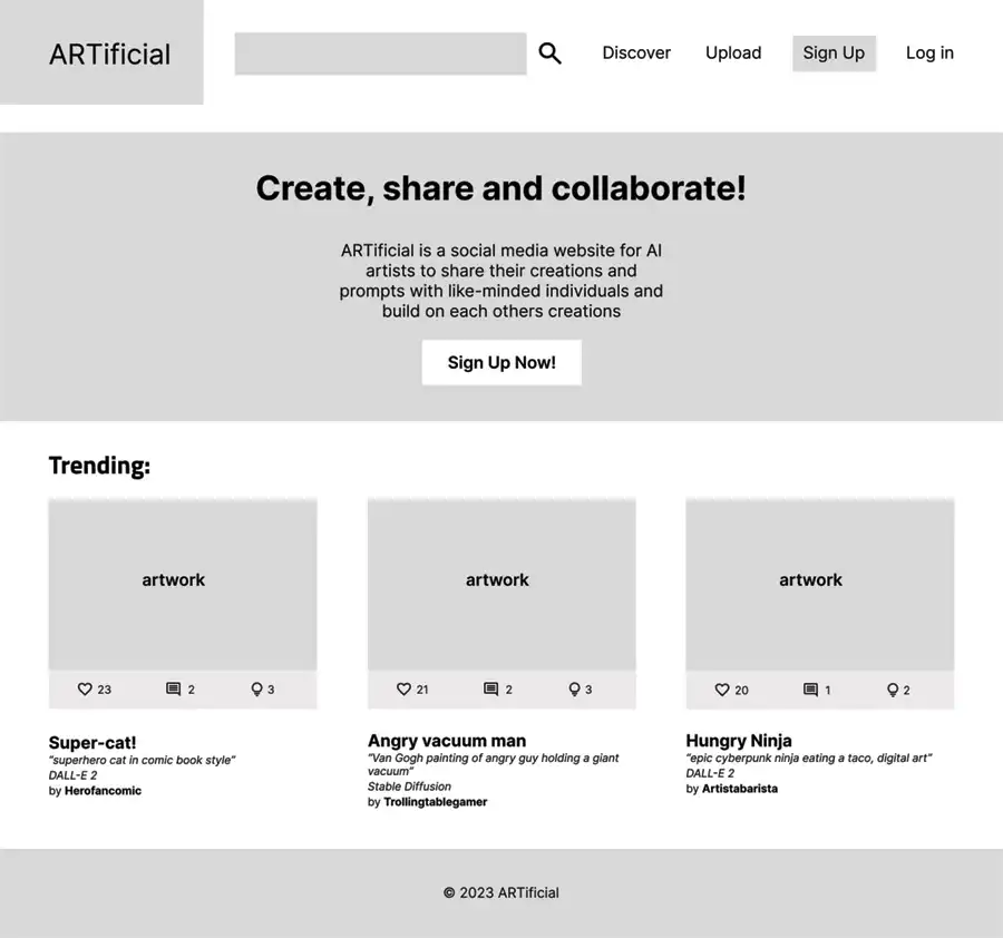 ARTificial website home page wireframe
