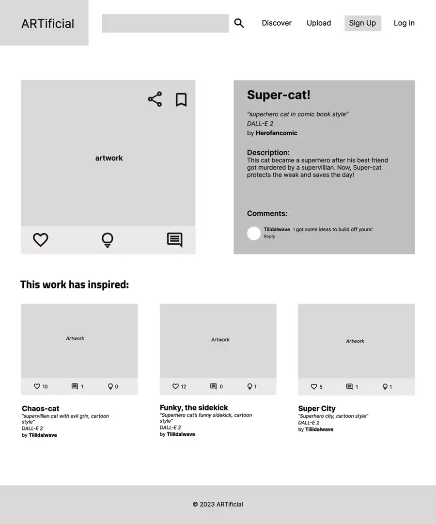 ARTificial website example page wireframe