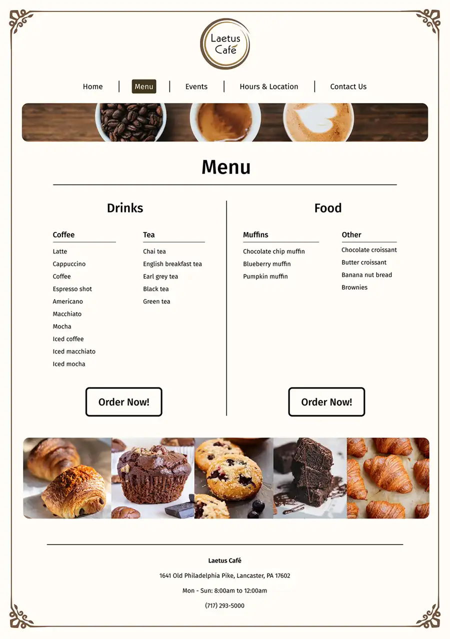 Laetus Café website menu page
