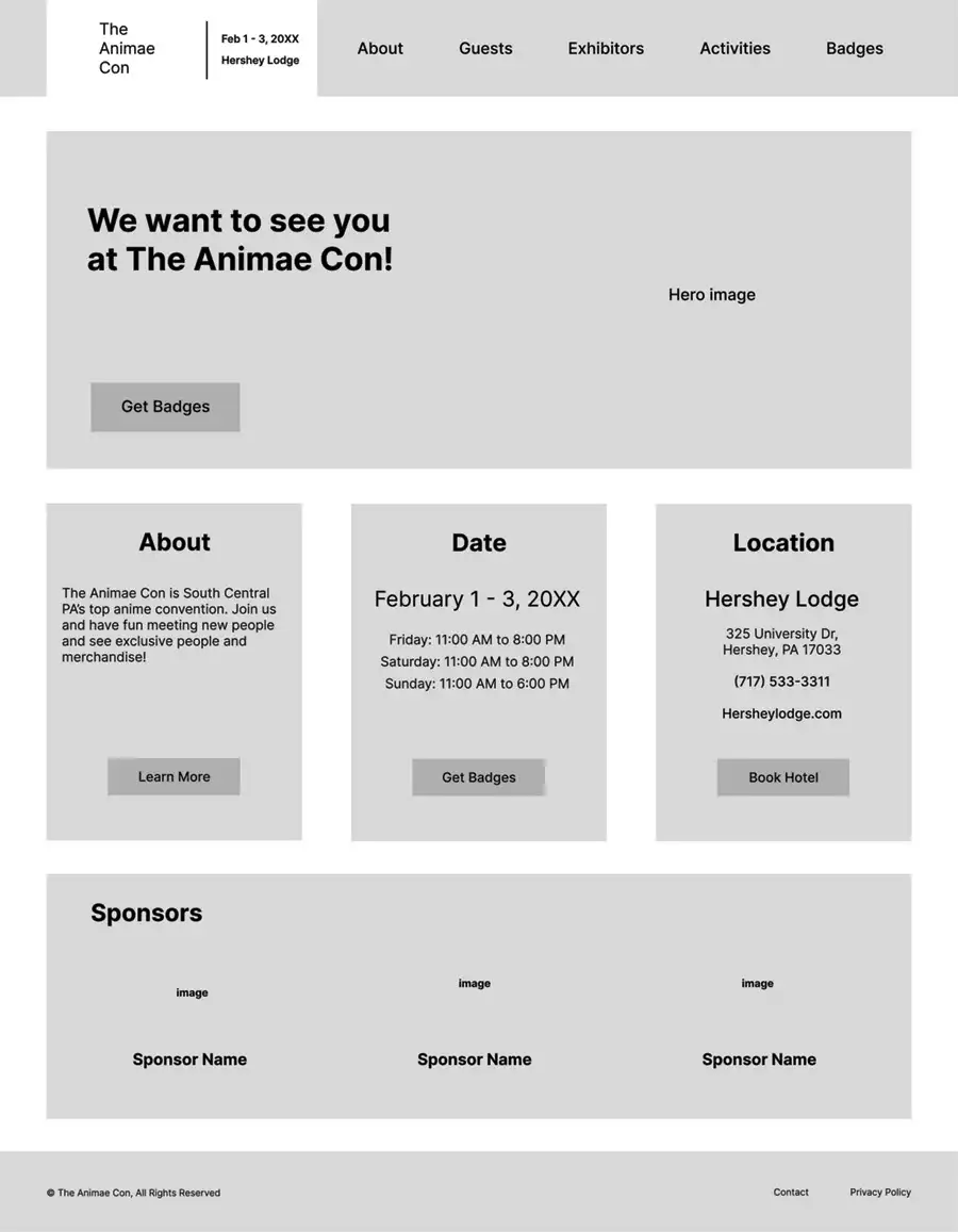 the-animae-con website home page wireframe
